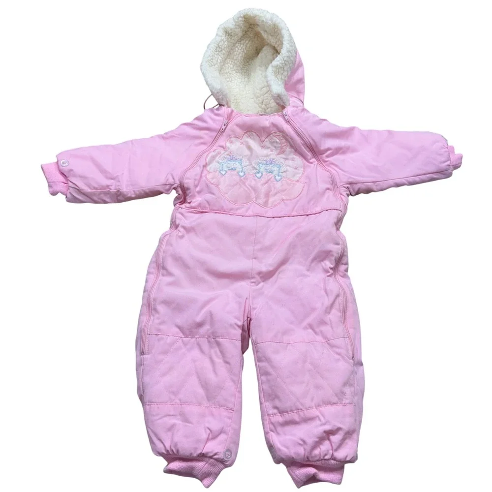 Vintage Pink Toddler Snowsuit 18M Cat Applique Faux Shearling Hood Quilted